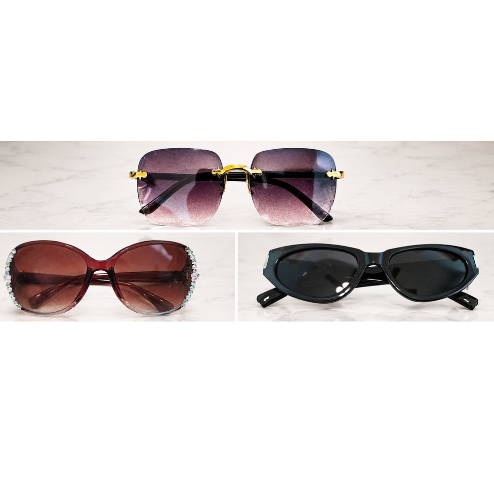 Lot of 3 Womens Sunglasses Rimless Purple Gradient Rhinestone Black Cat Eye